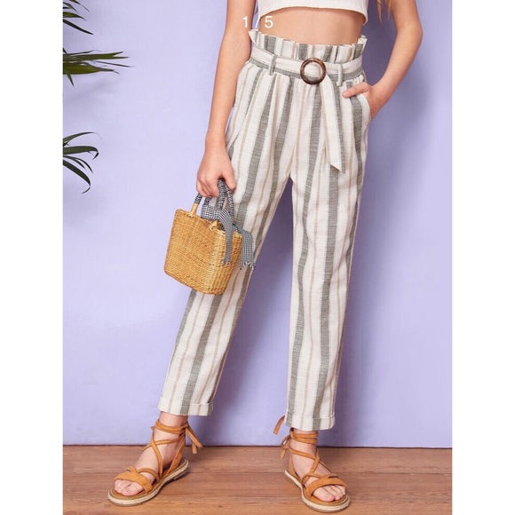 SHEIN Other - ✨GIRLS✨ SHEIN Striped Olive Linen Paperbag Pants